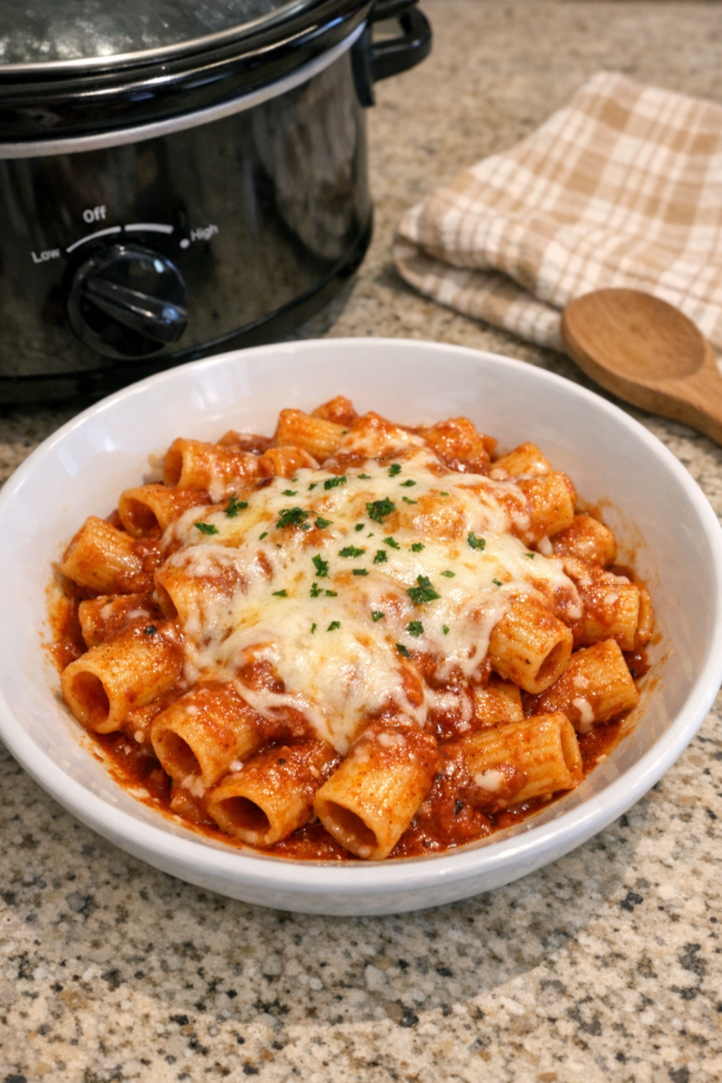 Finished slow cooker rigatoni plated in a bowl