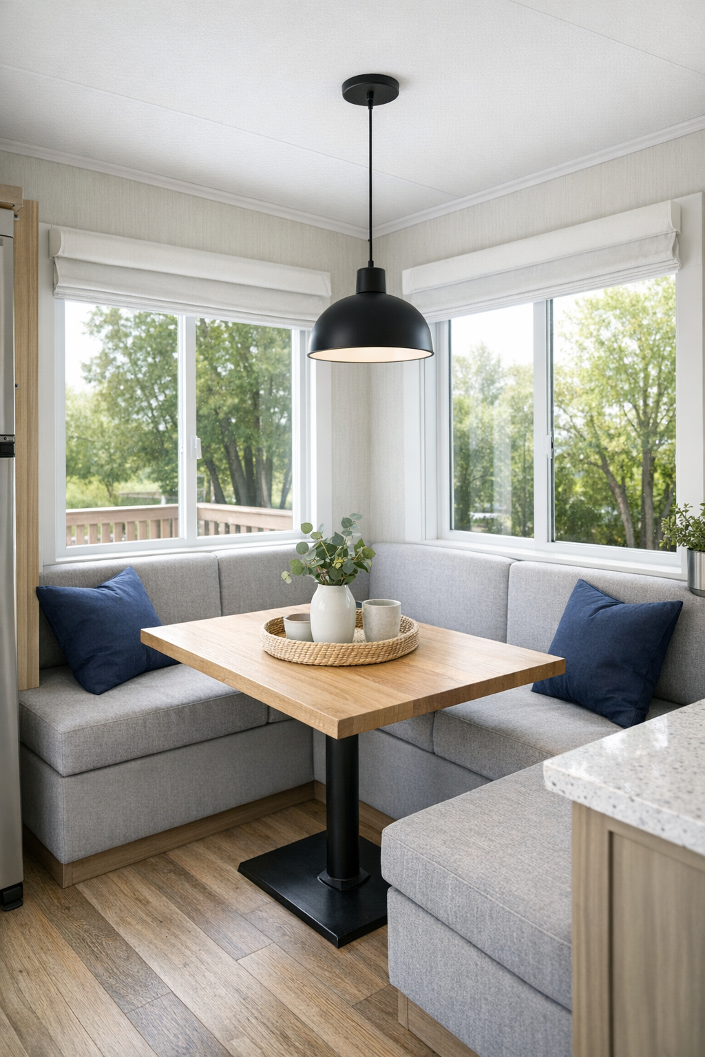 Cozy modern dining nook with a built-in banquette, wood table, and window light