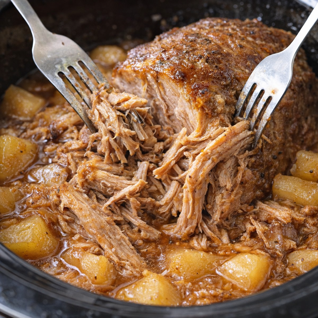 Shredded pork being pulled apart with forks in the slow cooker