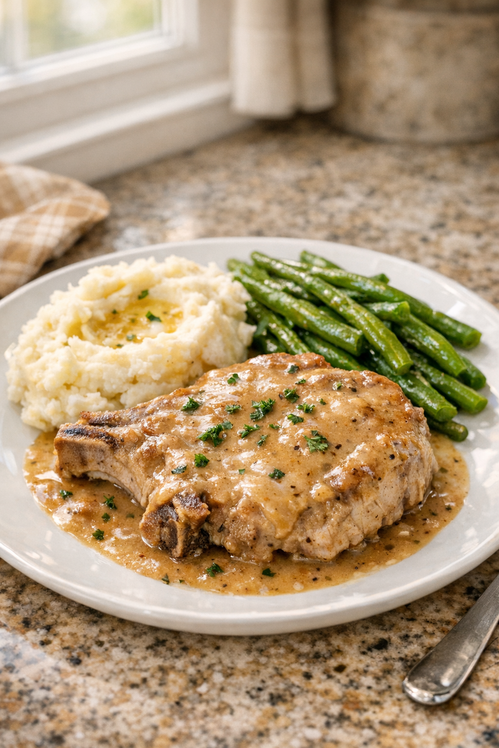 Finished slow cooker pork chops with creamy gravy plated for serving