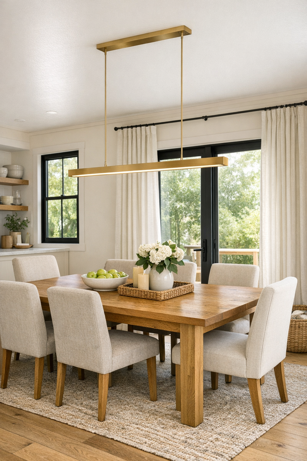 Warm modern dining room with an oak table, upholstered chairs, and soft neutral finishes
