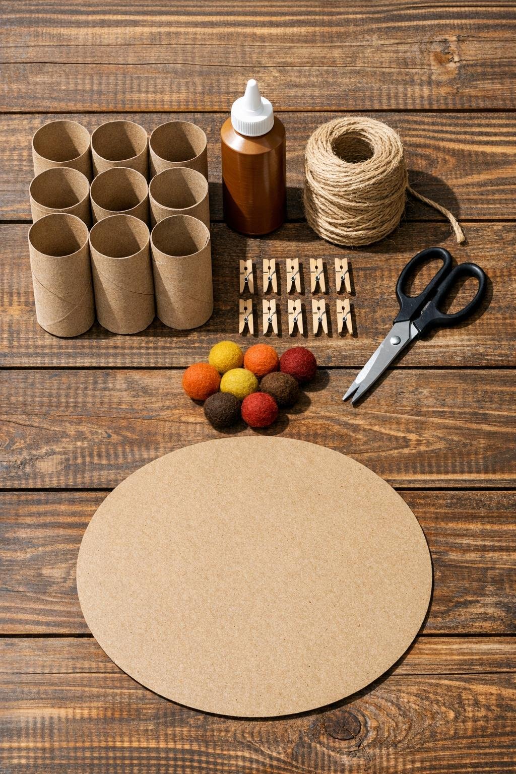 Paper towel roll wreath materials laid out on a table