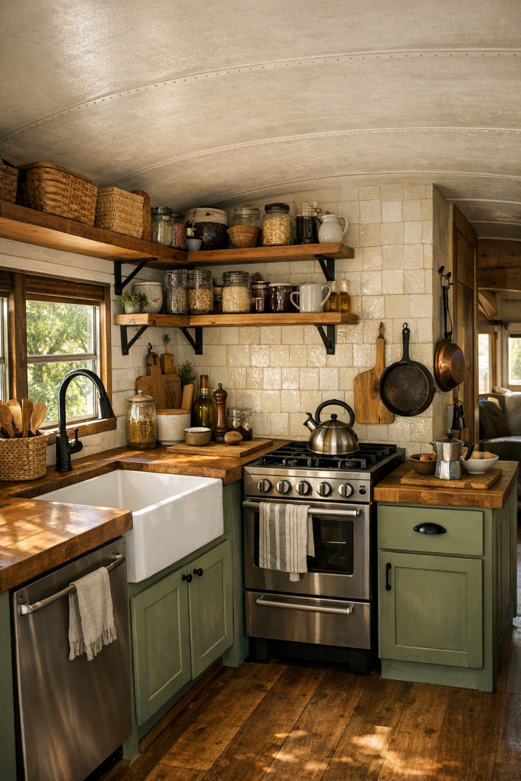 Galley kitchen in a converted bus with butcher-block counters and sage cabinets
