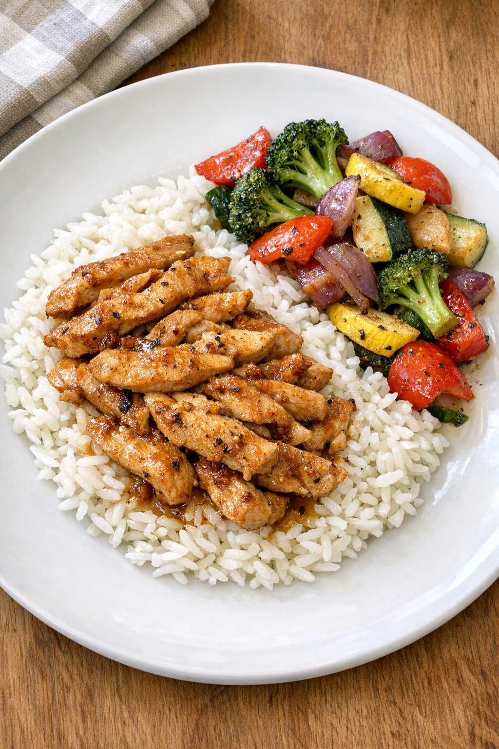 Finished baked chicken fajita meat plated with rice and vegetables
