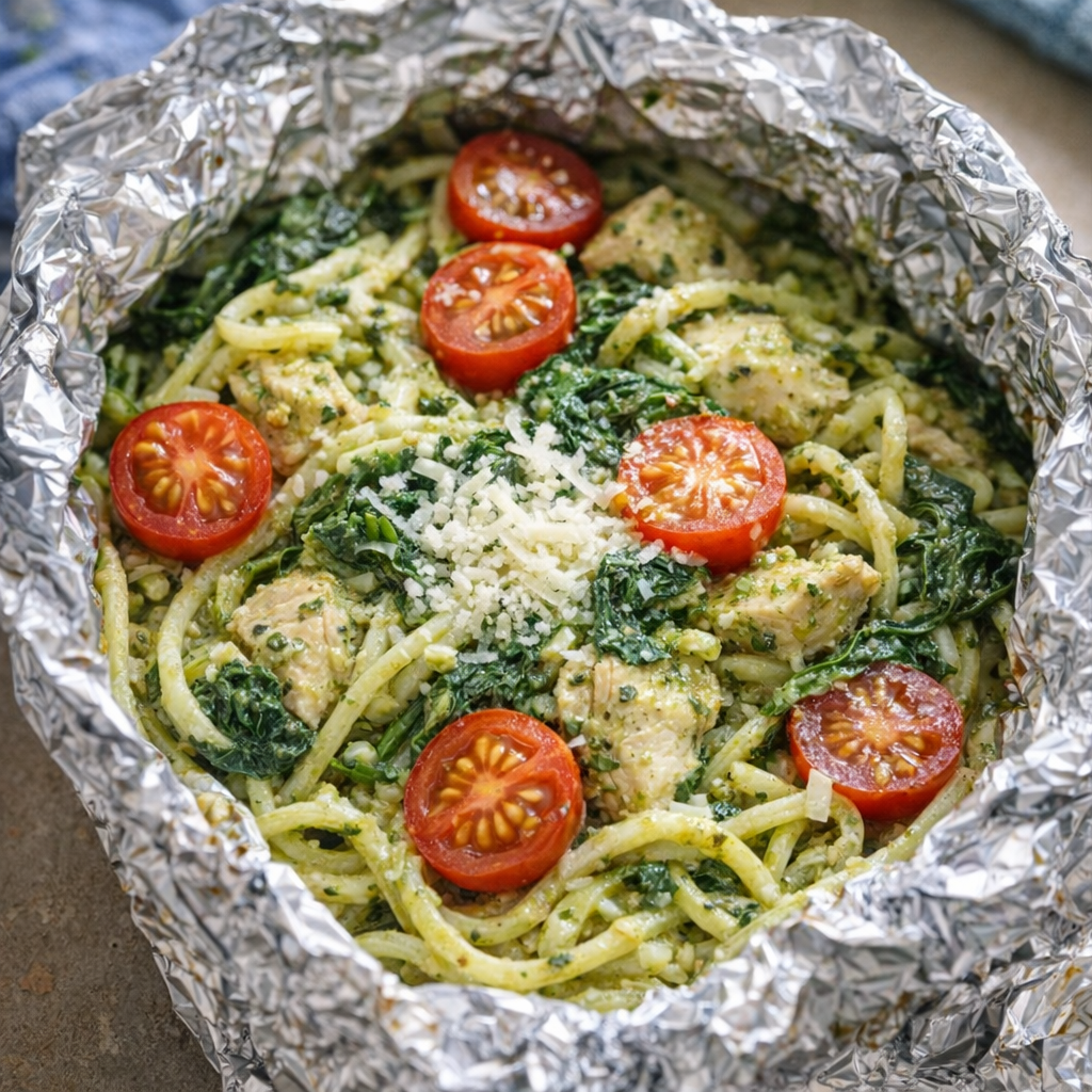 Creamy pesto pasta packet with cherry tomatoes and spinach variation