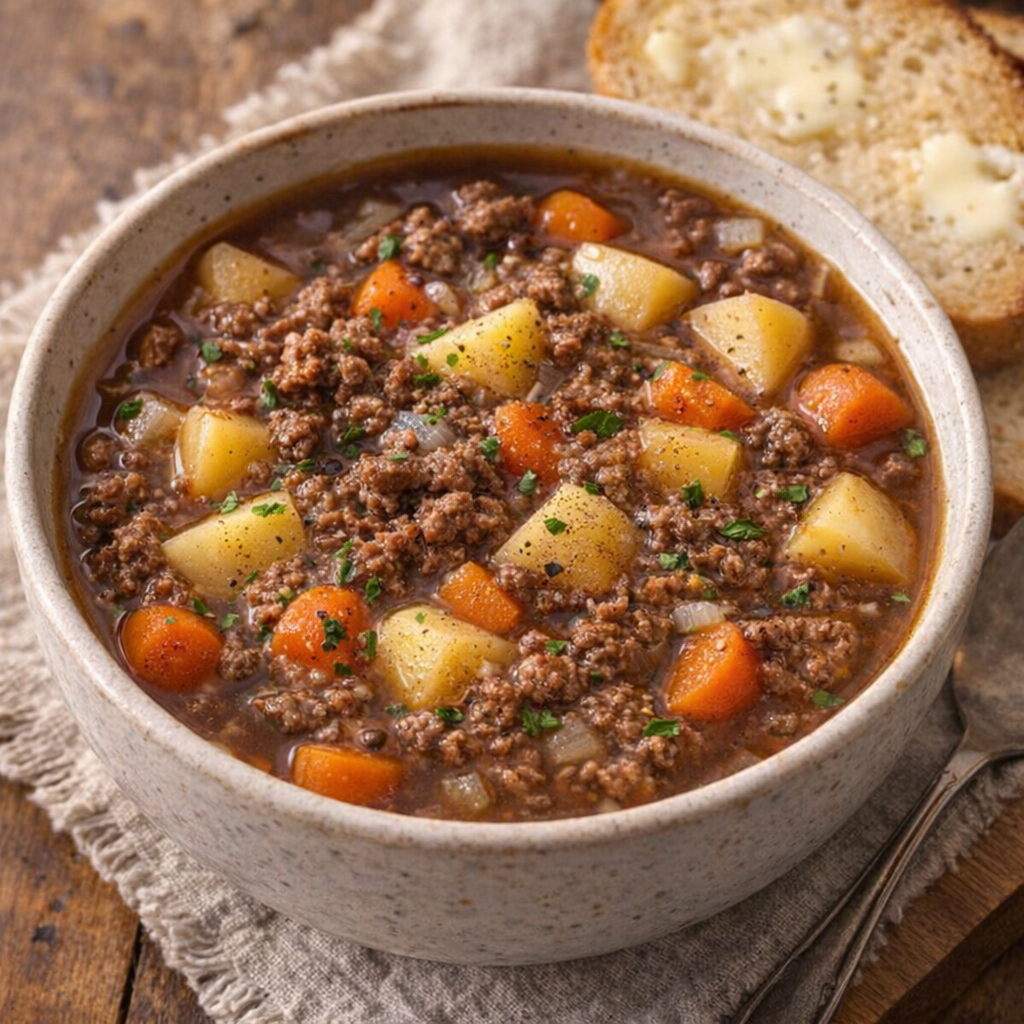Final plated bowl of poor man's stew served with bread on the side