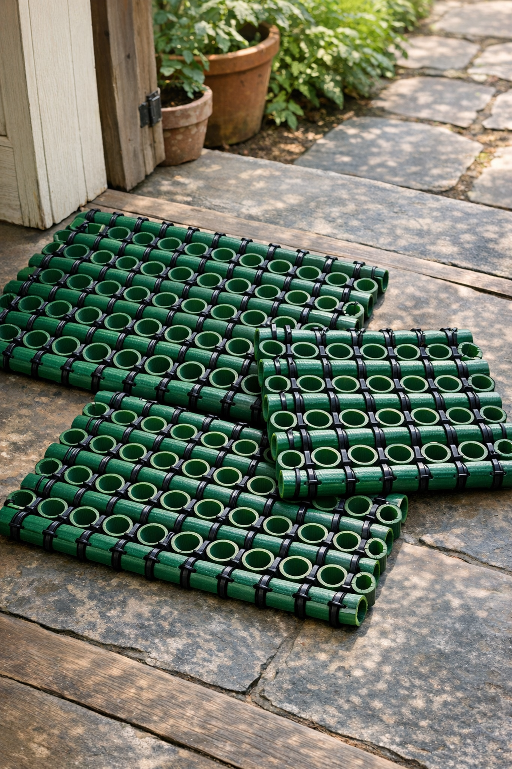 Three finished outdoor floor mats made from sliced green garden hoses