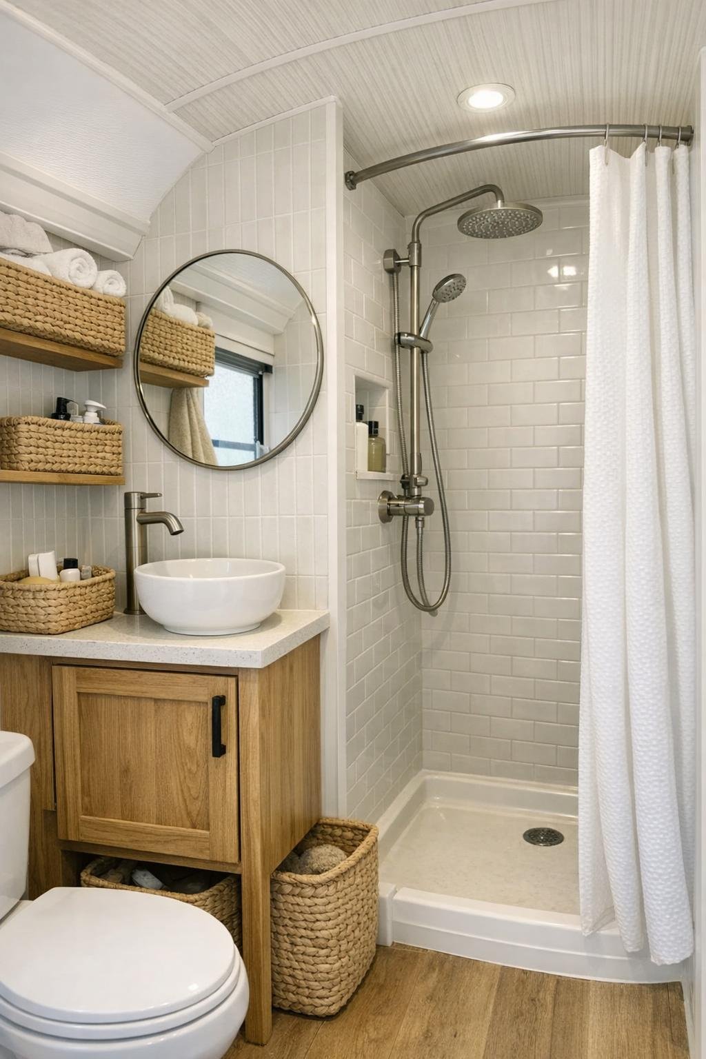 Bright compact bus bathroom with pale tile and wood vanity