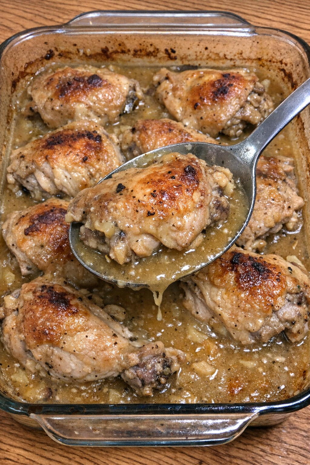 Tender chicken in gravy in a baking dish