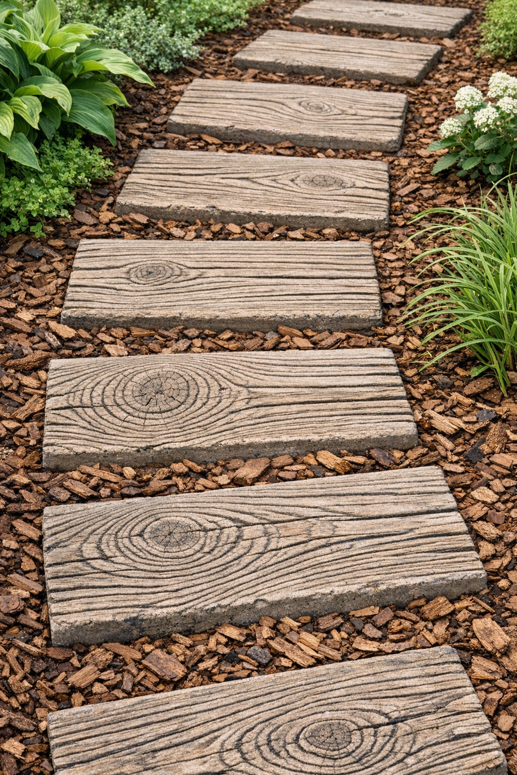 Finished wood-grain stepping stones made from textured cement