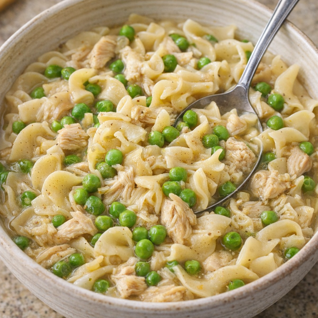 Baked noodles with peas and shredded chicken variation