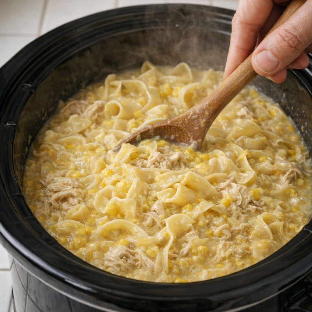 Shredded chicken and noodles being stirred into creamy corn gravy