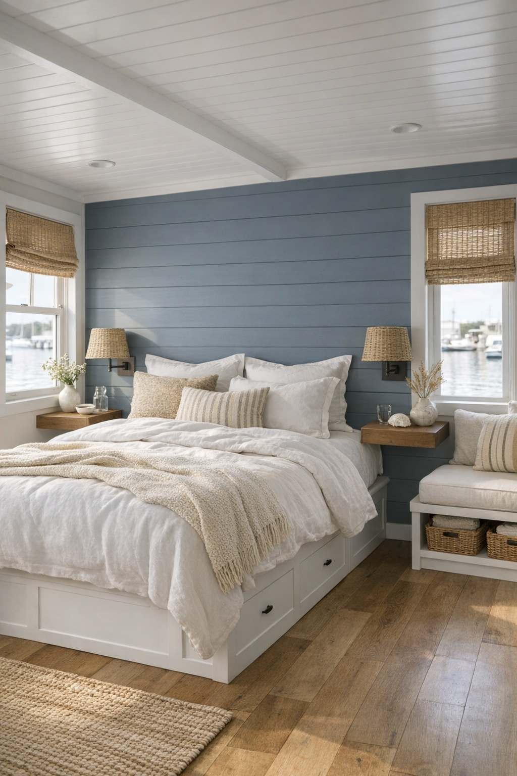 Calm houseboat bedroom with gray-blue paneled wall and layered white bedding