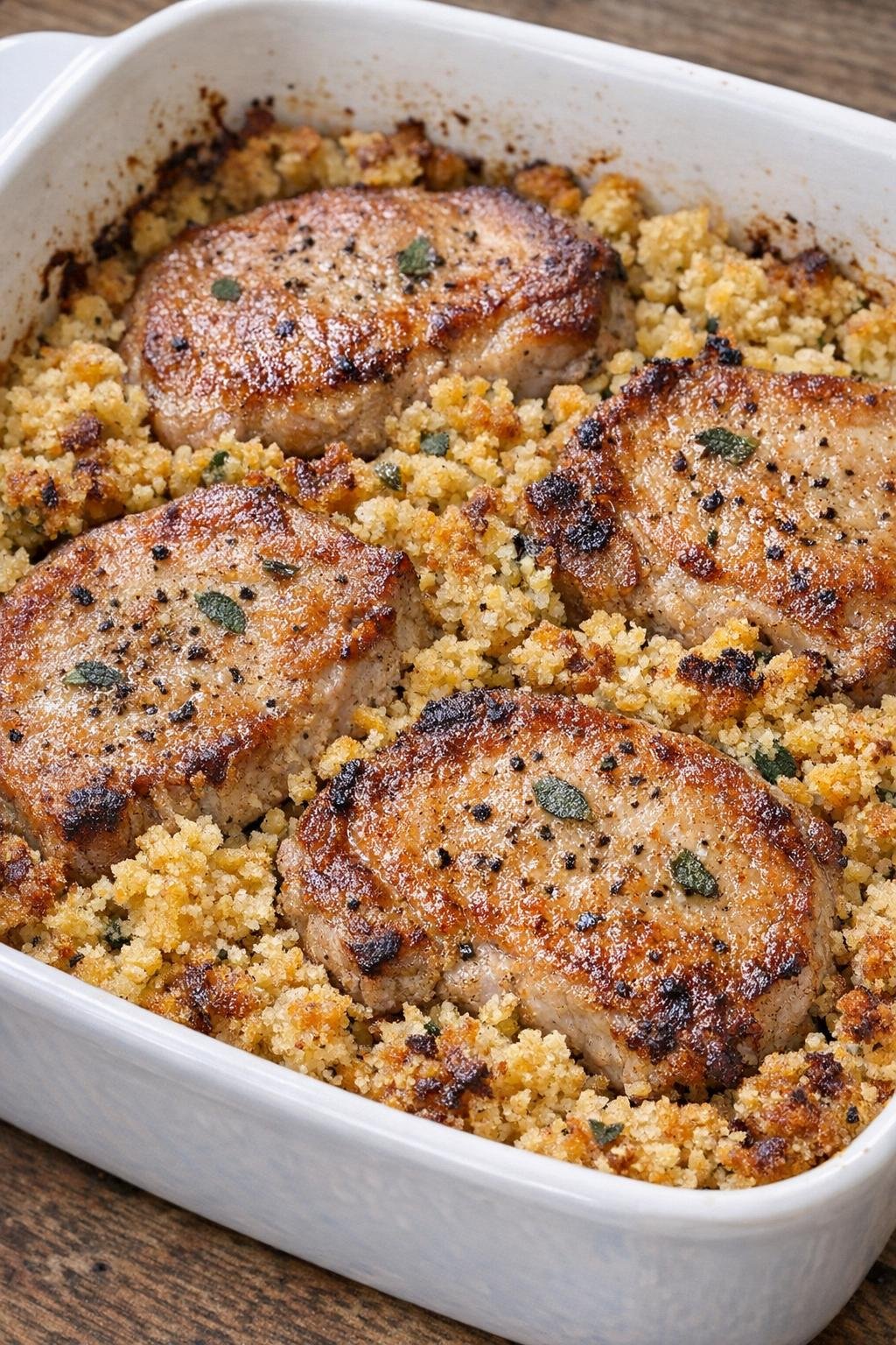 Golden pork chops baked into cornbread dressing in a white casserole dish