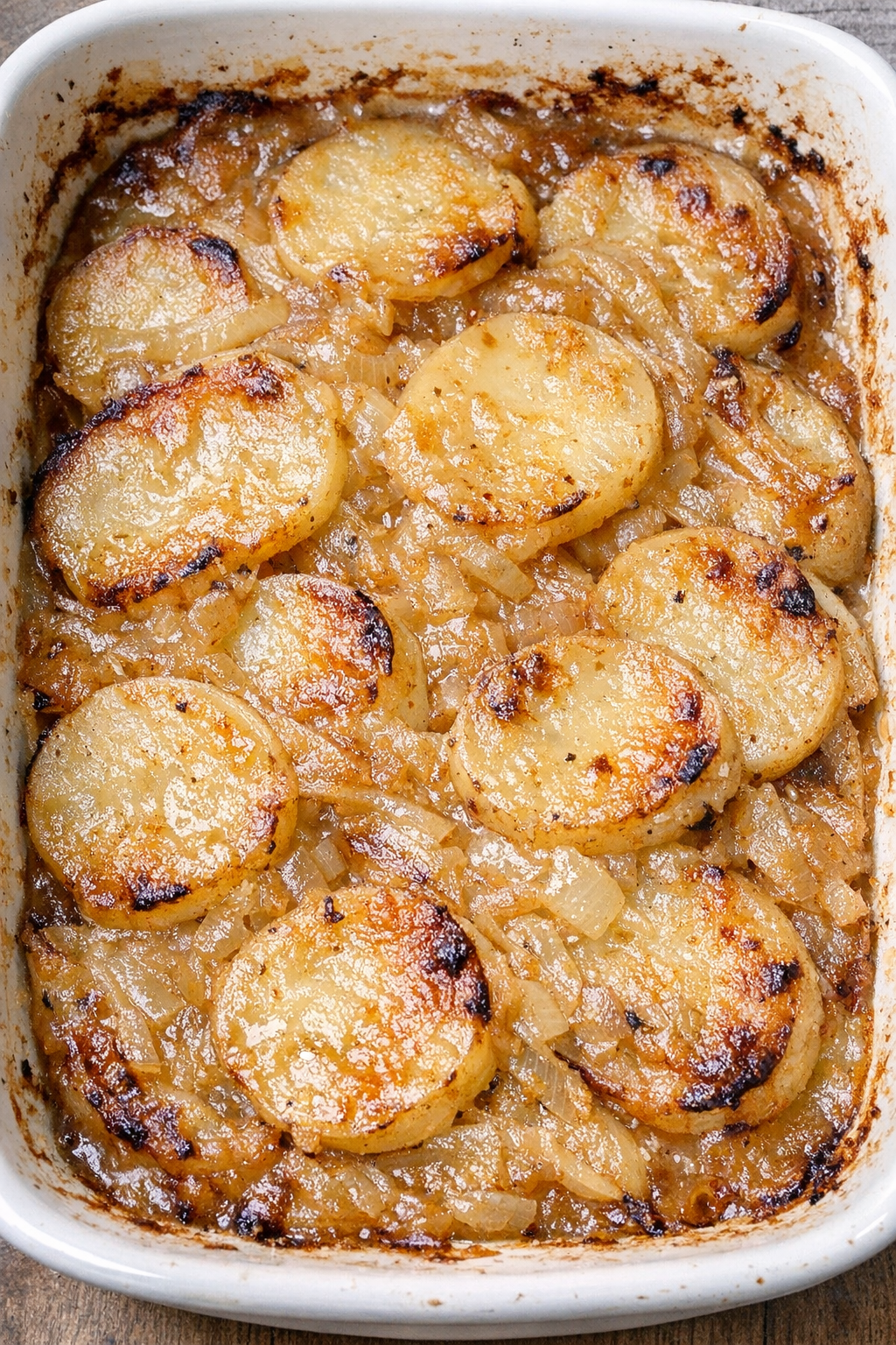 Sliced potatoes baked in onion gravy in a white casserole dish