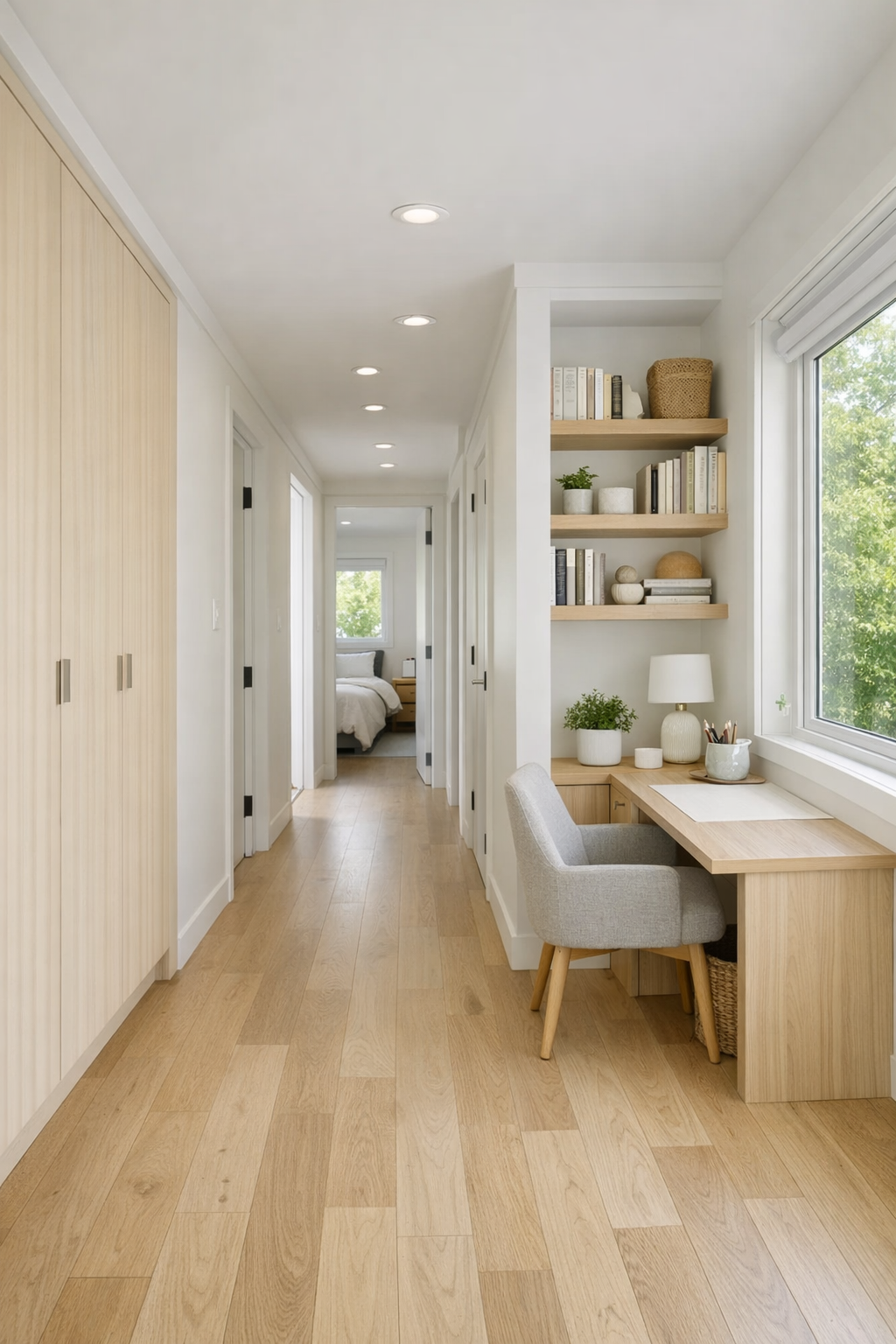 Bright hallway and reading nook with pale wood built-ins and soft ivory finishes