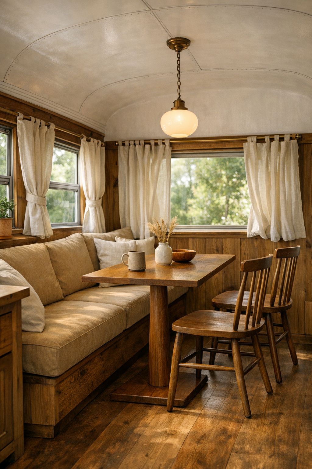 Small dining nook inside a converted bus with banquette seating and oak table