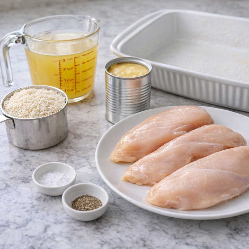 Simple chicken rice casserole ingredients arranged on a kitchen counter