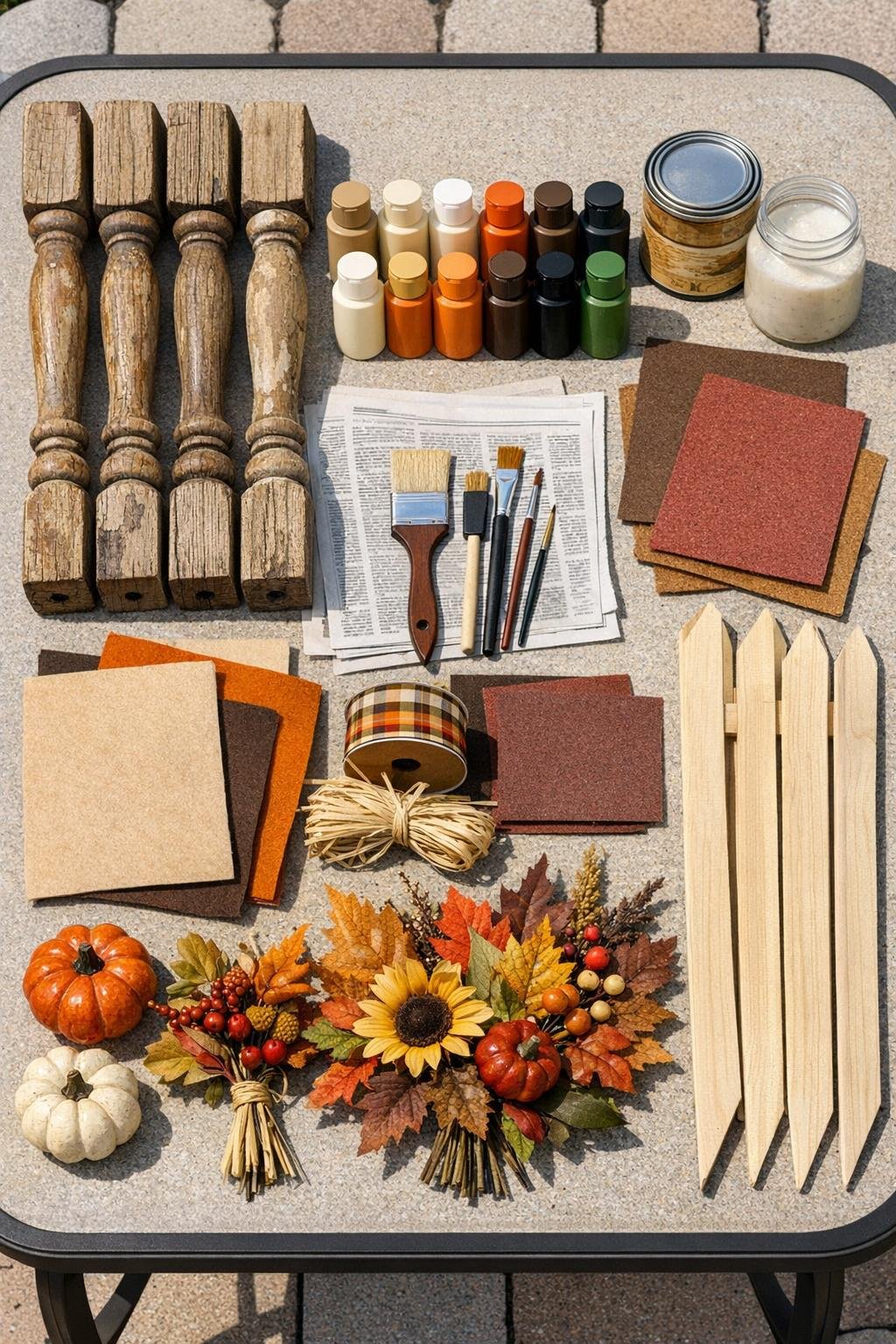 Materials for table leg scarecrow stakes laid out on a work surface