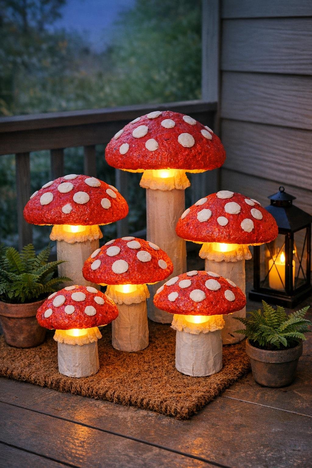 Finished glowing toadstool lanterns styled on a covered porch