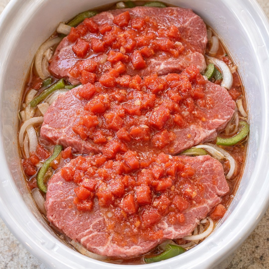 Slow cooker filled with steak tomatoes onions and peppers before cooking