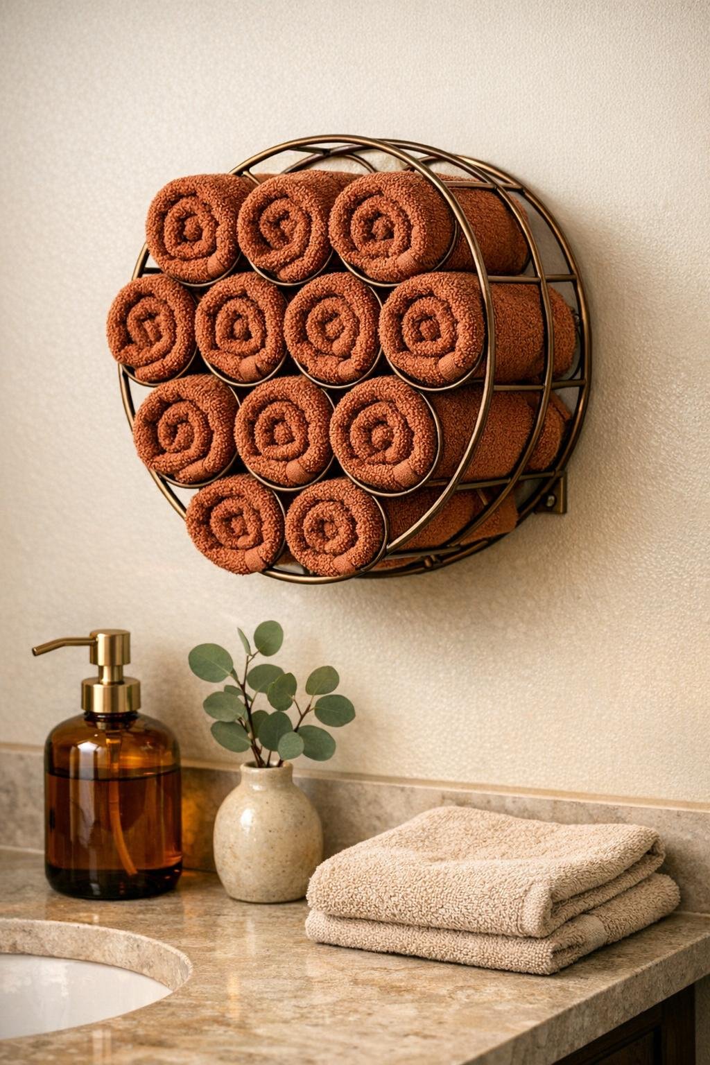 Finished rust-toned washcloth holder made from a bronze wire wine rack mounted on a bathroom wall