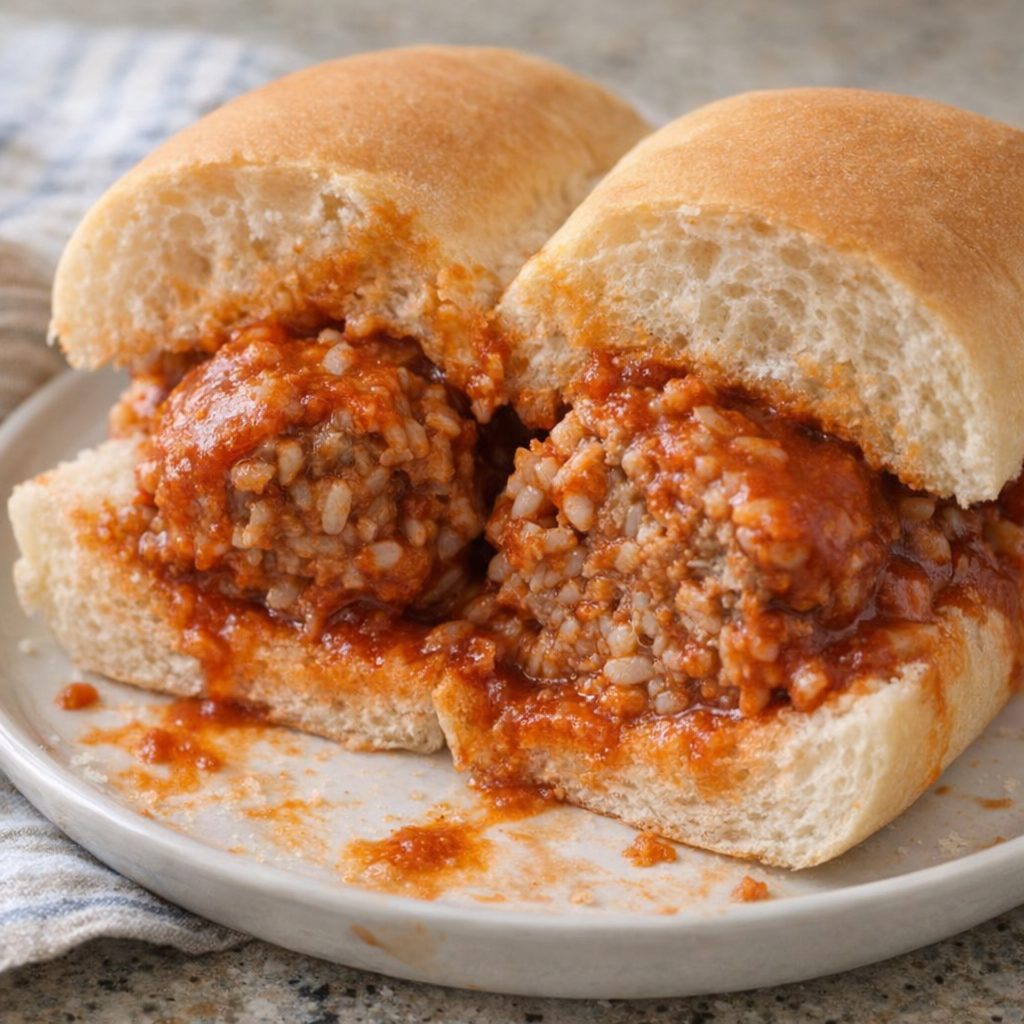 Leftover meatball sandwich on a soft roll