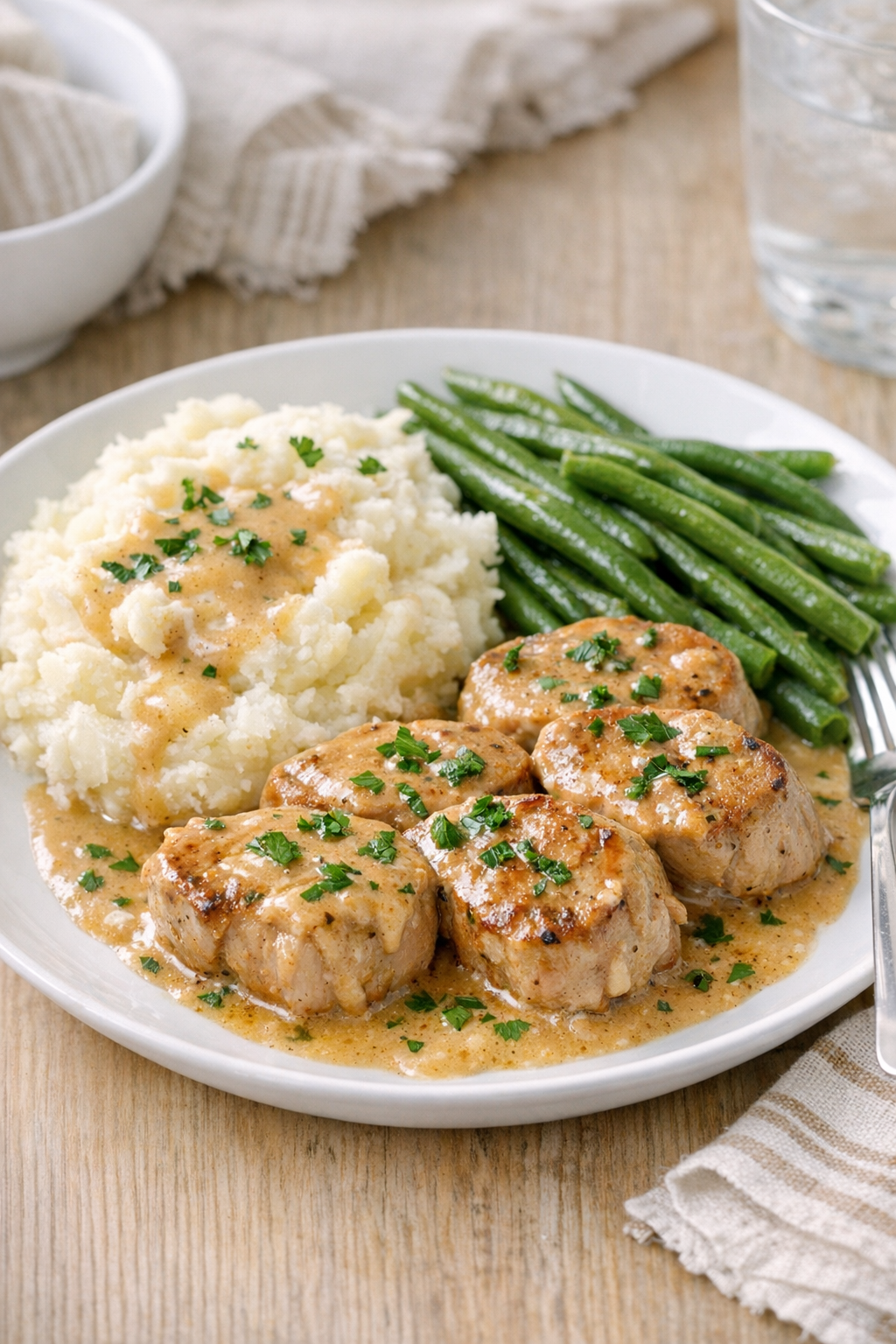 Finished slow cooker pork medallions plated with sauce