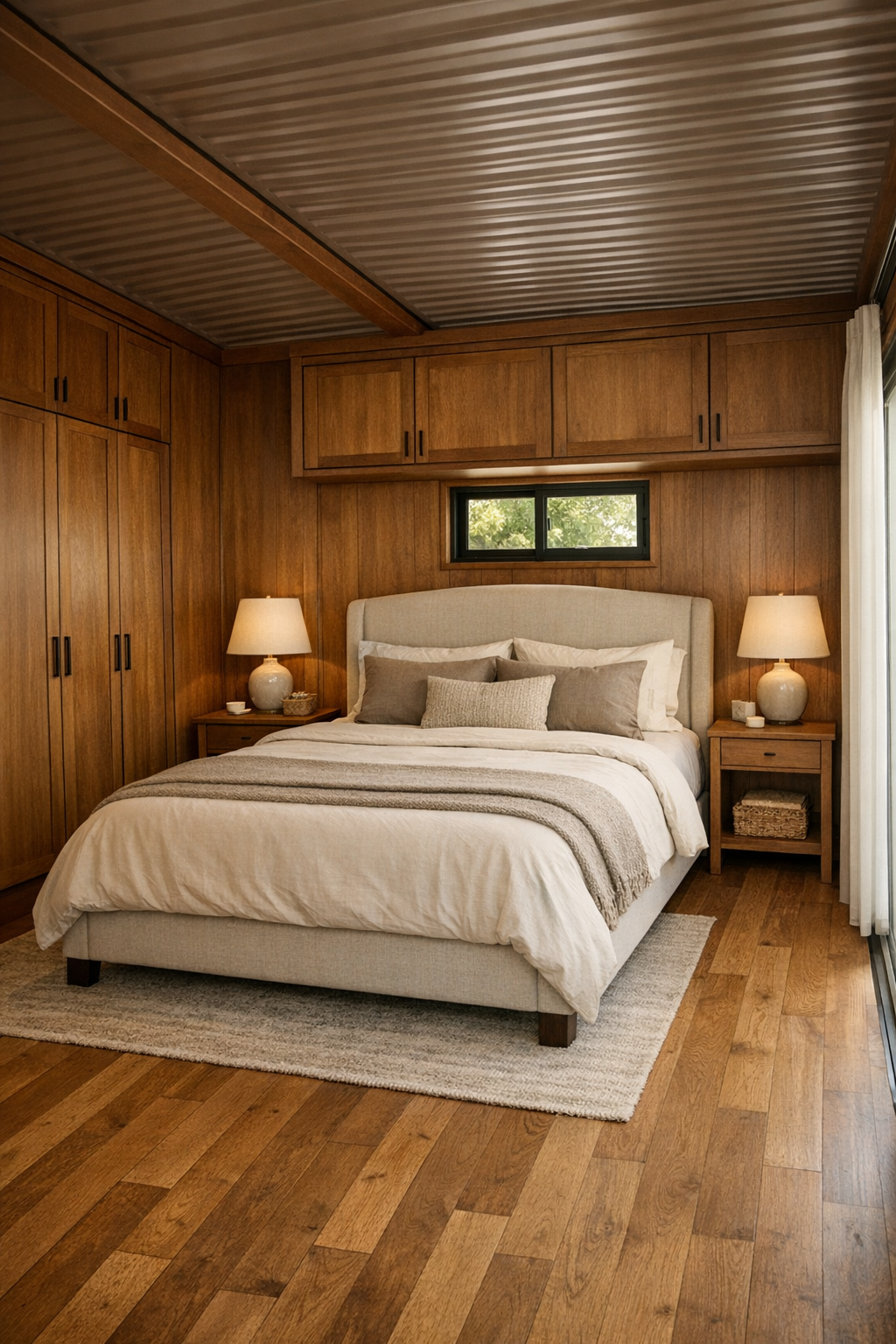Calm bedroom with upholstered bed, soft neutral linens, and built-in storage