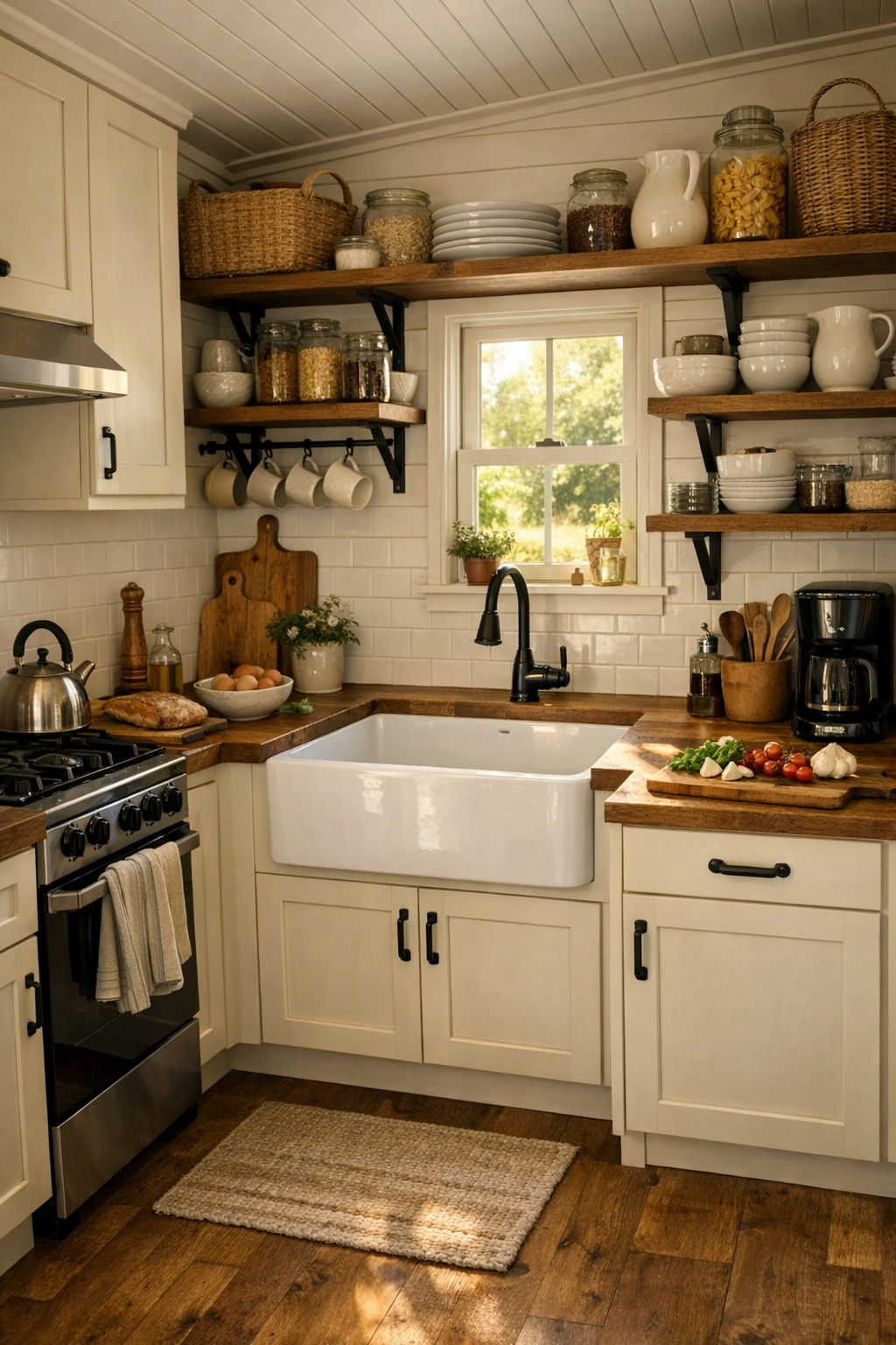 Bright tiny home kitchen with creamy cabinets, wood counters, and an apron-front sink