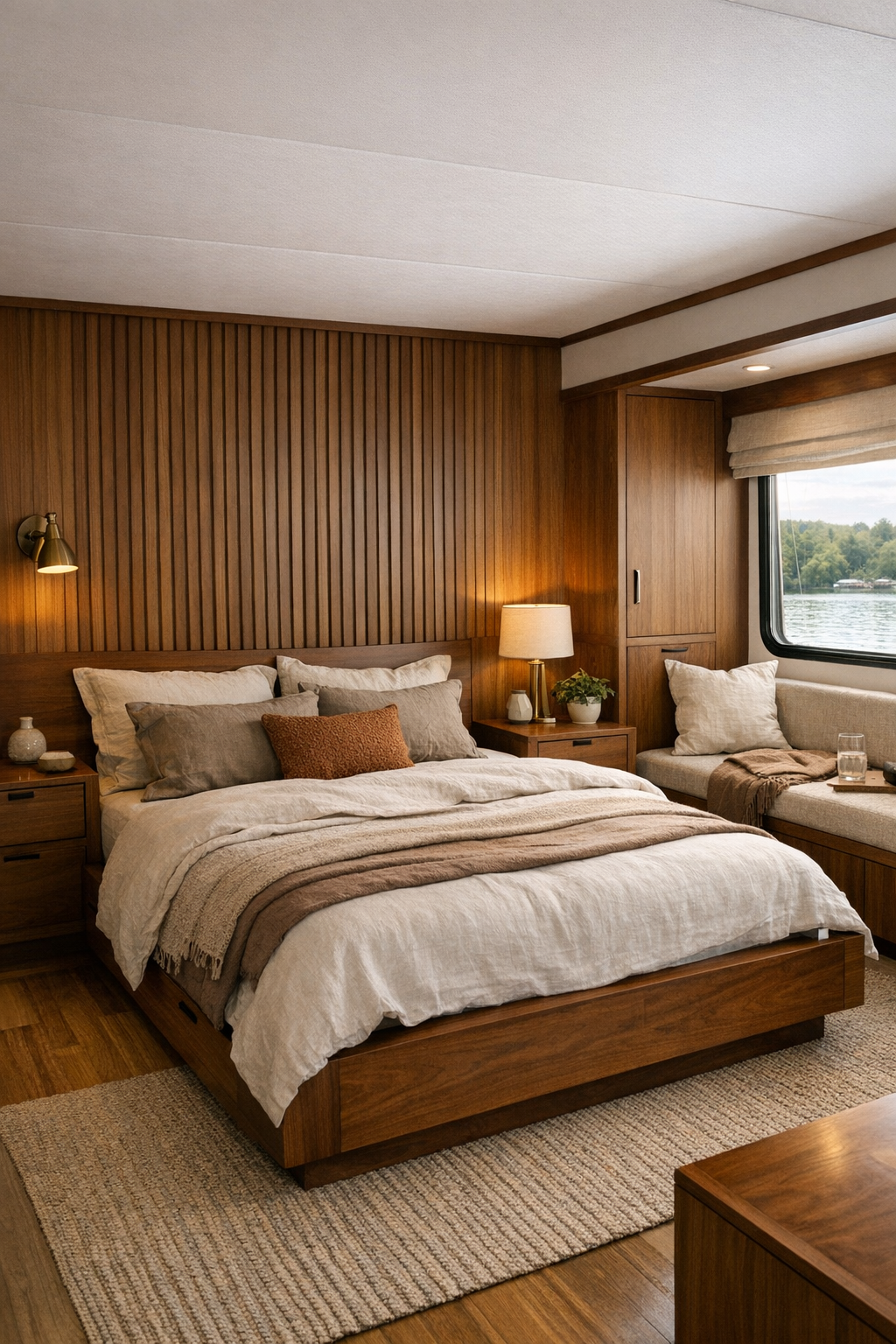 Calm bedroom with walnut platform bed, linen bedding, and built-in storage