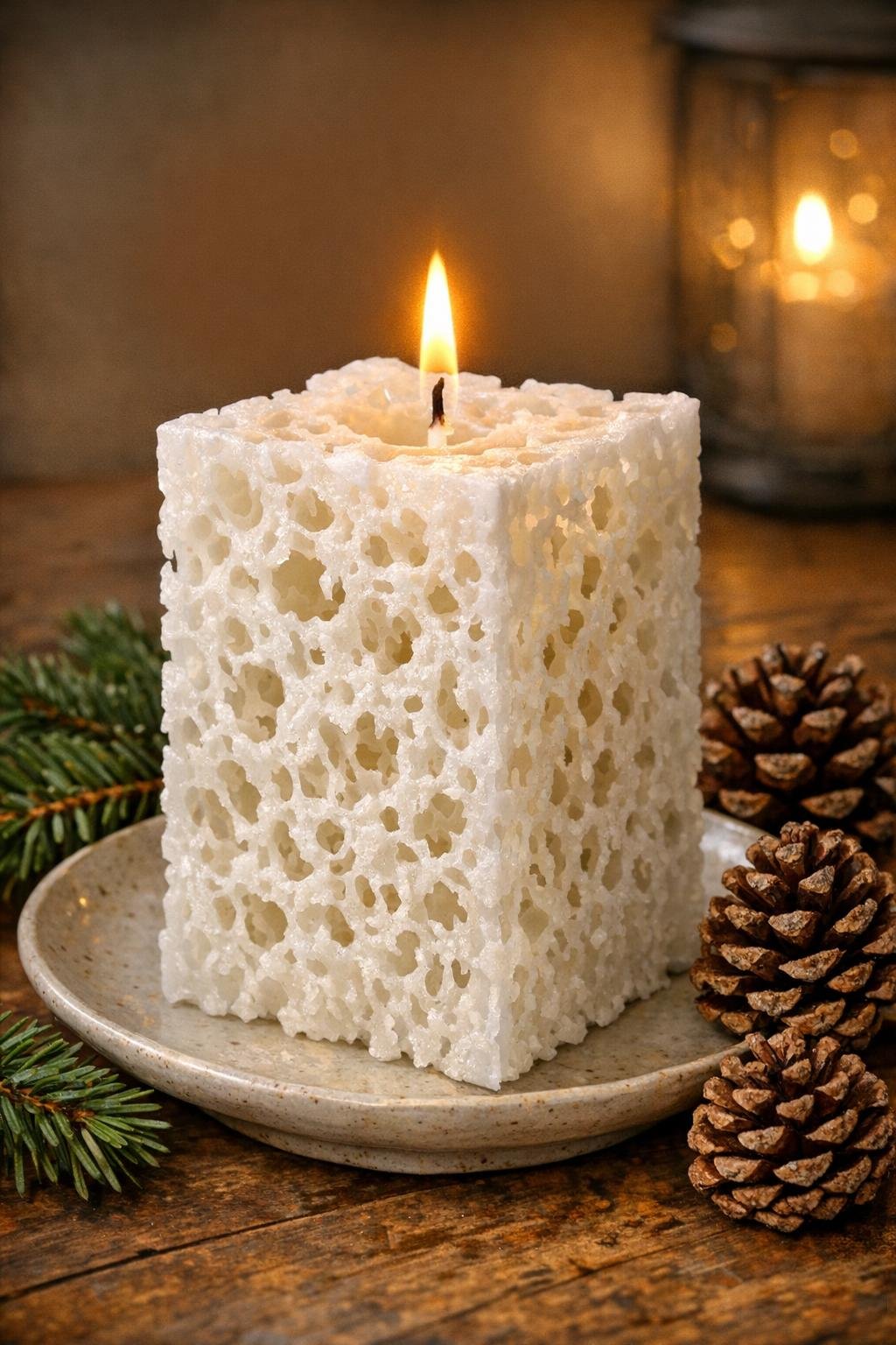 Finished lacy ice pillar candle displayed on a cozy table