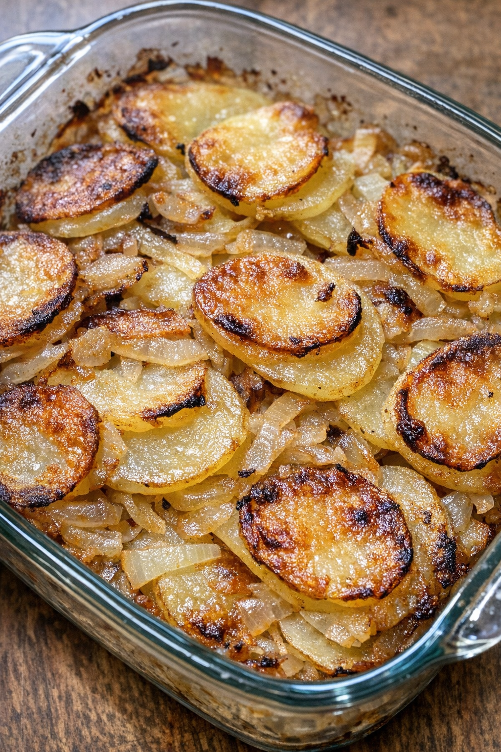 Baked potato scallop with onions in a glass dish