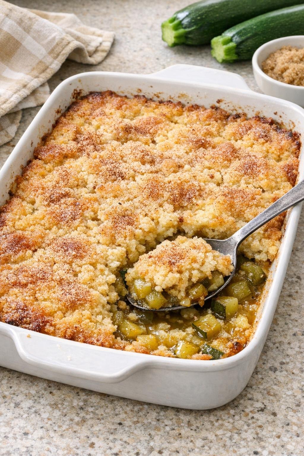 Finished zucchini cobbler in a baking dish with golden cake topping