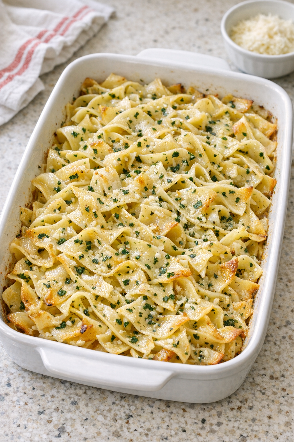 Finished baked herb butter egg noodles in a casserole dish