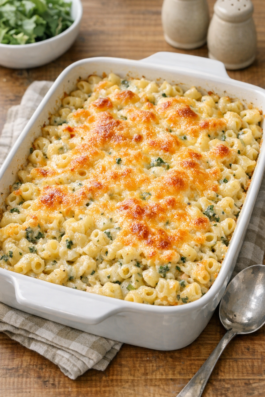 Finished baked herb vegetable macaroni in a casserole dish