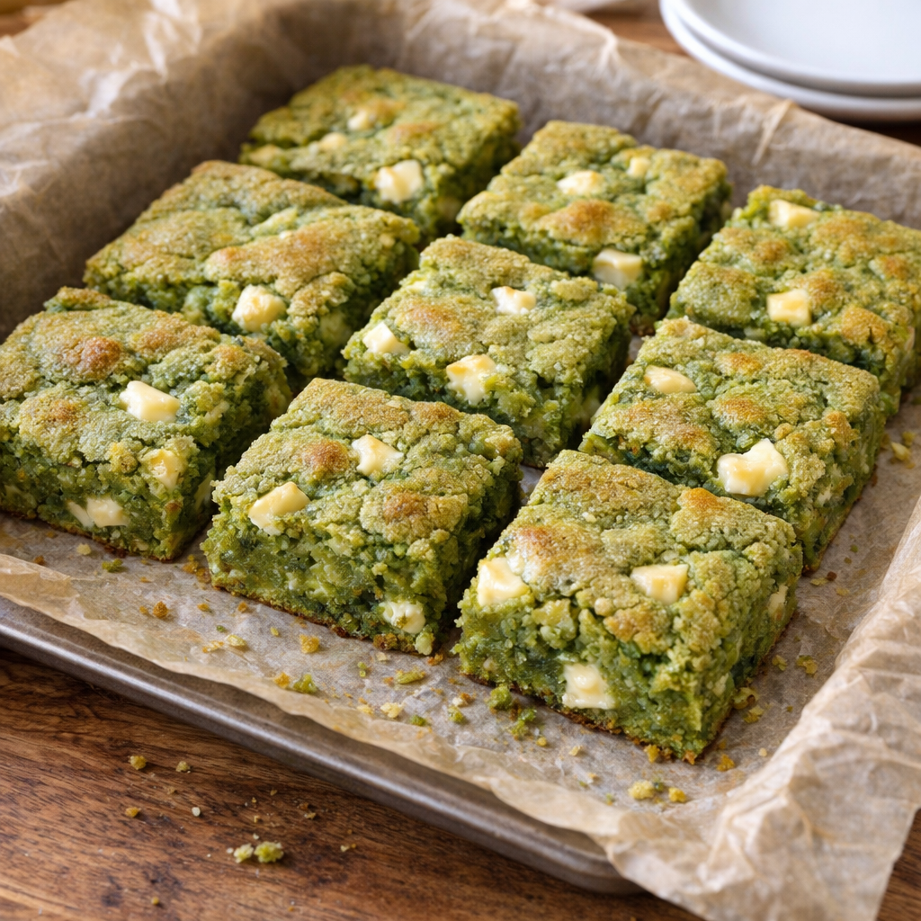 Bright green matcha white chocolate blondies on a kitchen counter