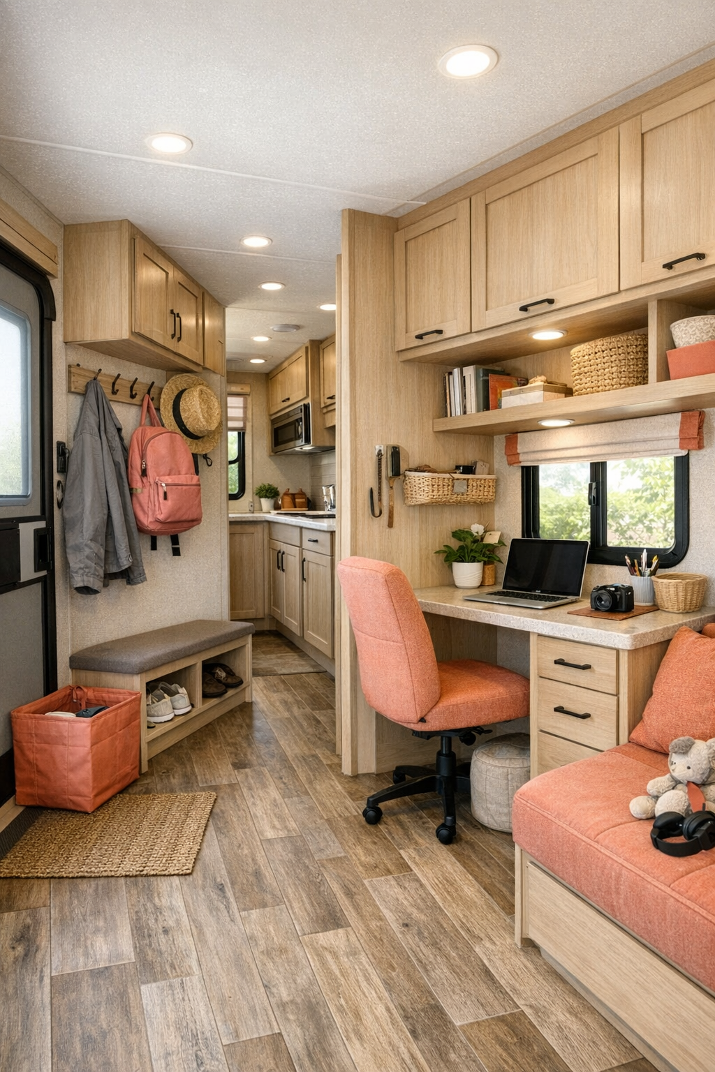 RV multipurpose area with entry storage, compact workstation, and pale wood cabinetry