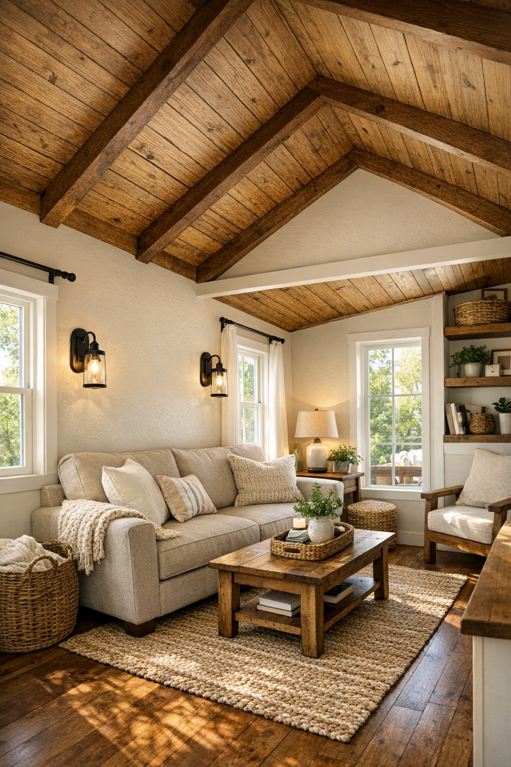 Cozy tiny home living room with cream walls, wood ceiling, linen sofa, and woven textures