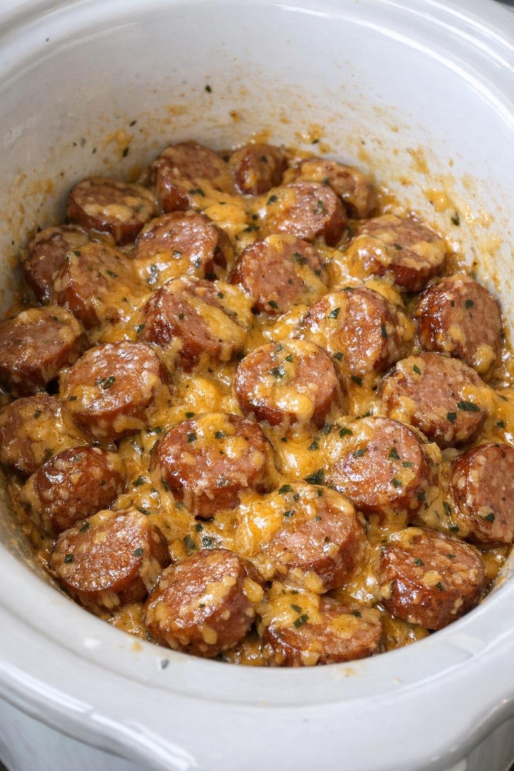 Finished cheddar ranch sausage bites in a white slow cooker