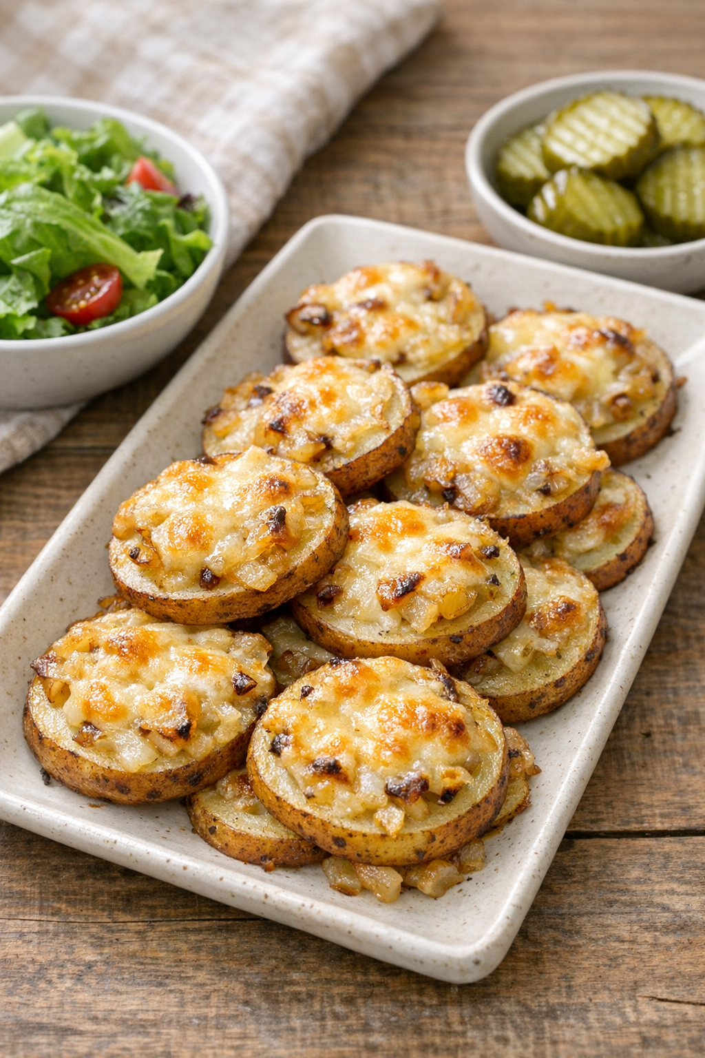 Plated Swiss onion potato bites with simple sides