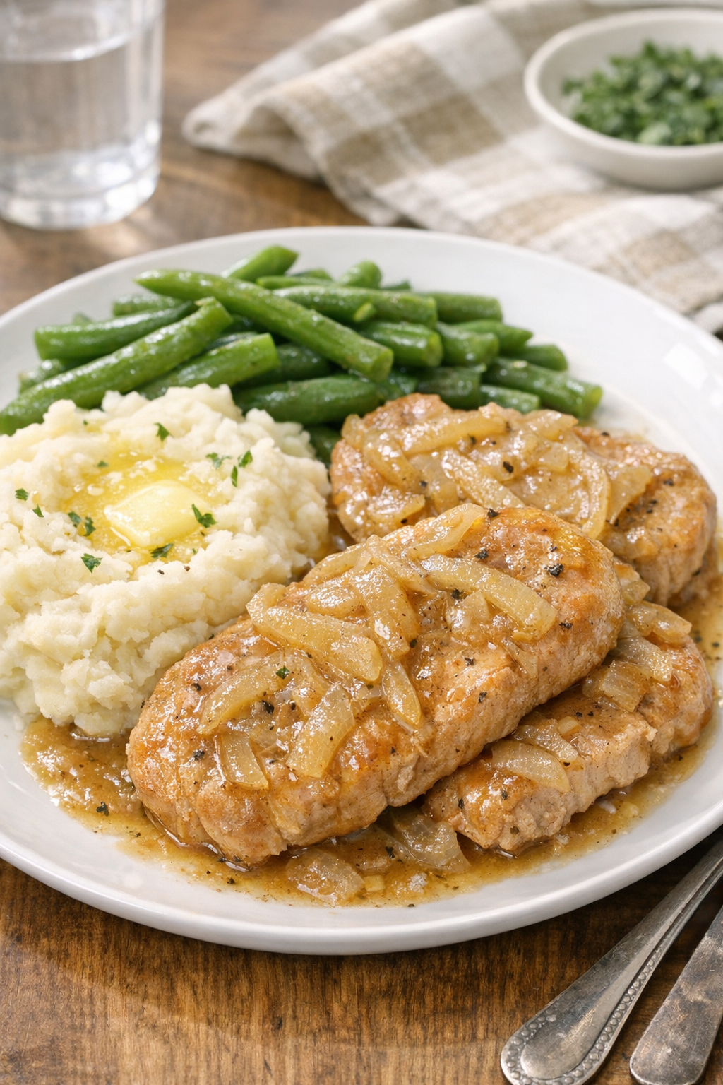 Finished slow cooker pork cutlets plated with sauce