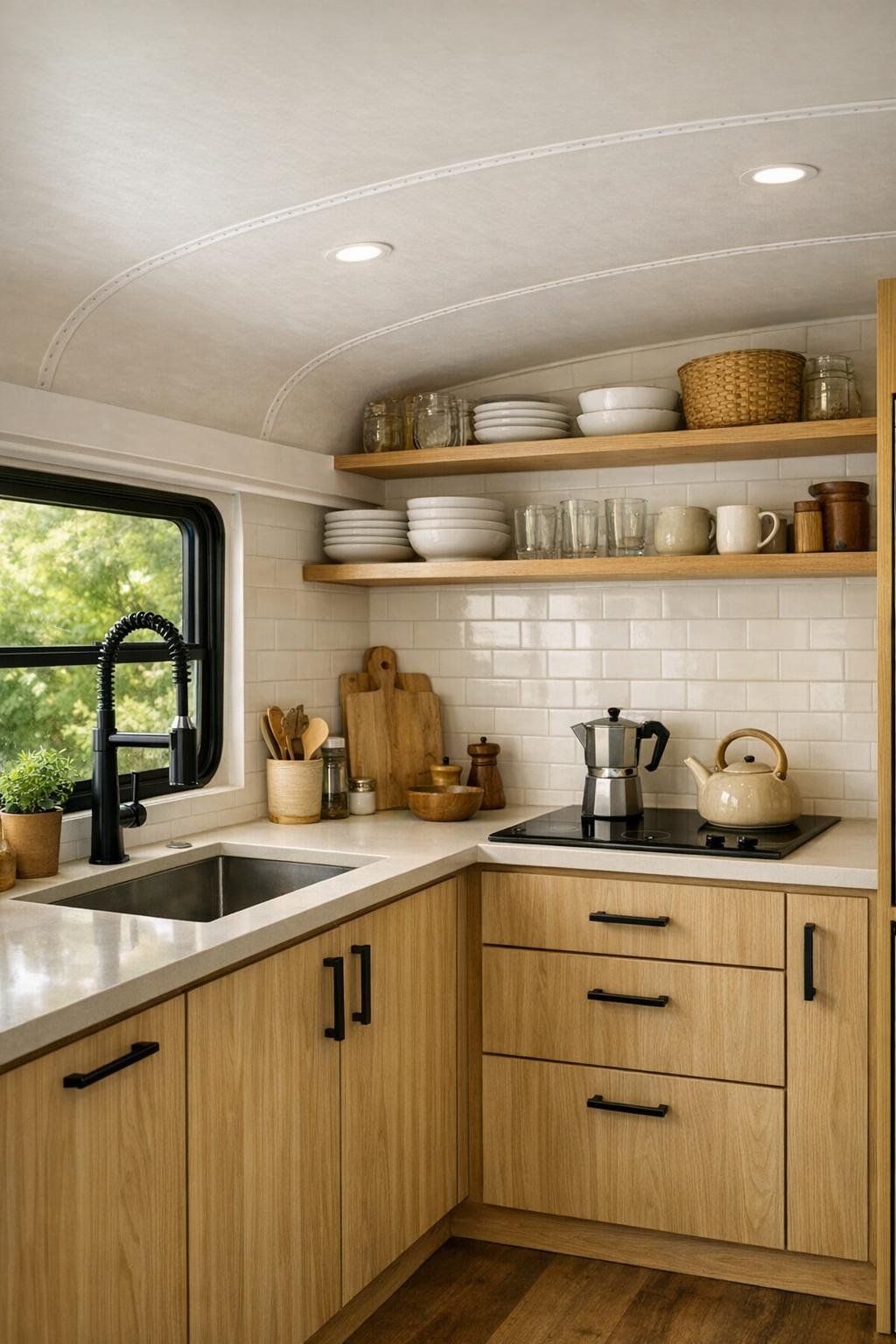 Galley kitchen inside a converted bus with light wood cabinets and warm white surfaces
