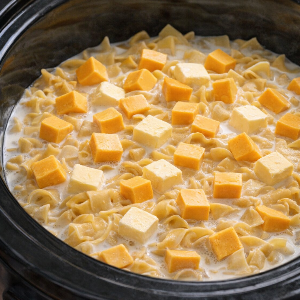 Cheese, butter, and milk added to noodles