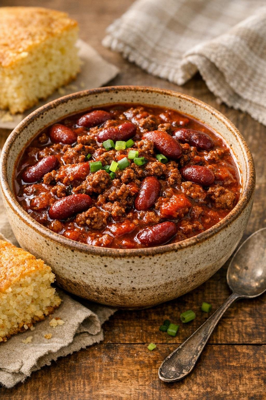 Gekookte runderchili geserveerd in een kom met bijgerechten.