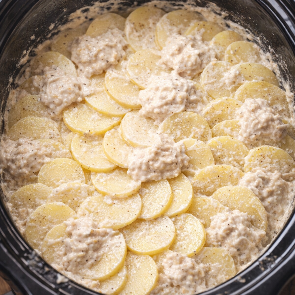 Layered potatoes and creamy sauce inside a slow cooker