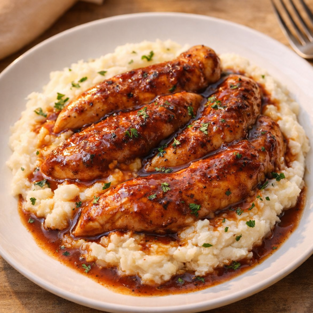 Finished barbecue chicken spooned over mashed potatoes