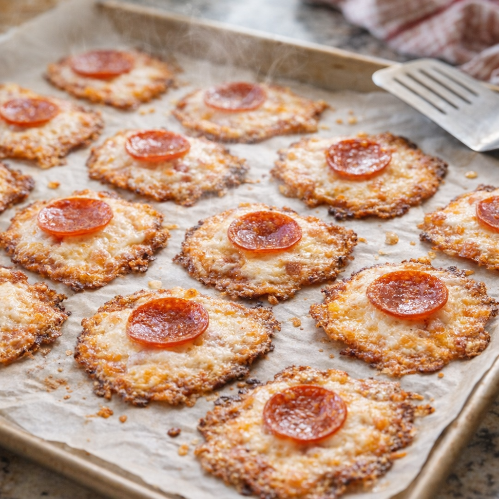 Freshly baked pizza chips cooling on parchment paper