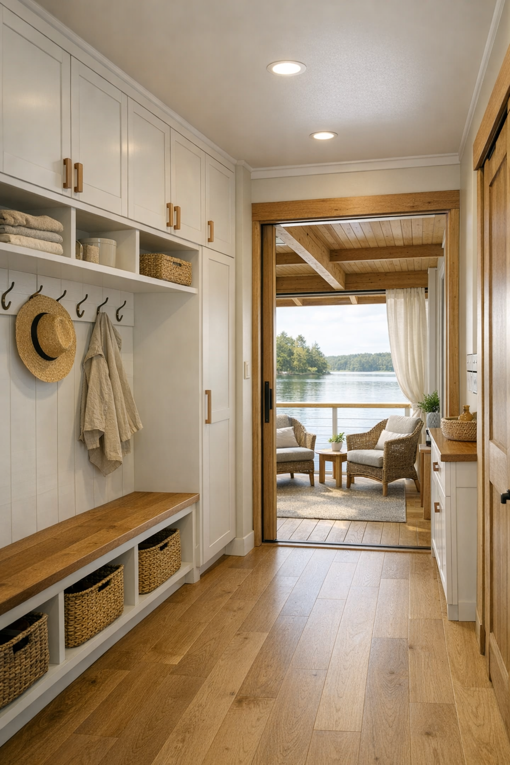 Bright passage and covered deck area on a cottage-style houseboat with built-in storage