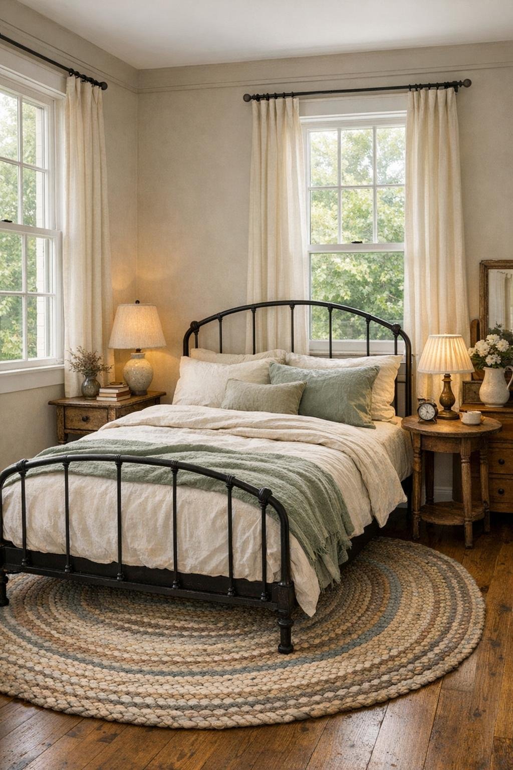 Peaceful cottage bedroom with an iron bed and soft layered textiles